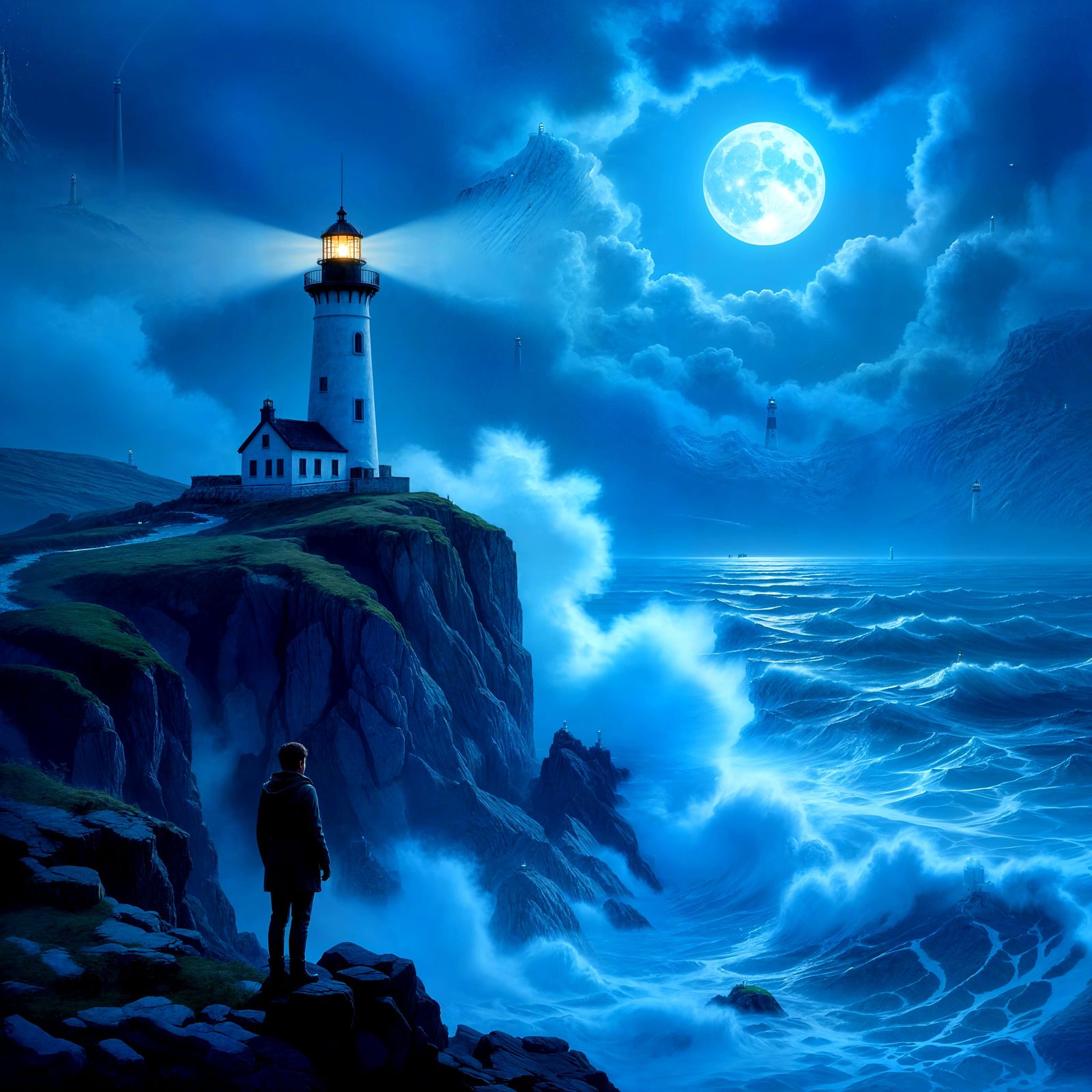 Lighthouse Beam Cutting Through Fog Over Moonlit Sea