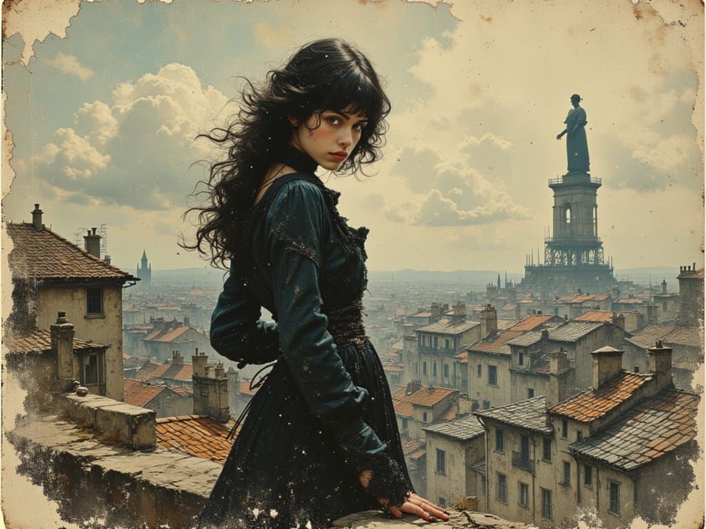 Woman on Paris Rooftops in Detailed Concept Art Style