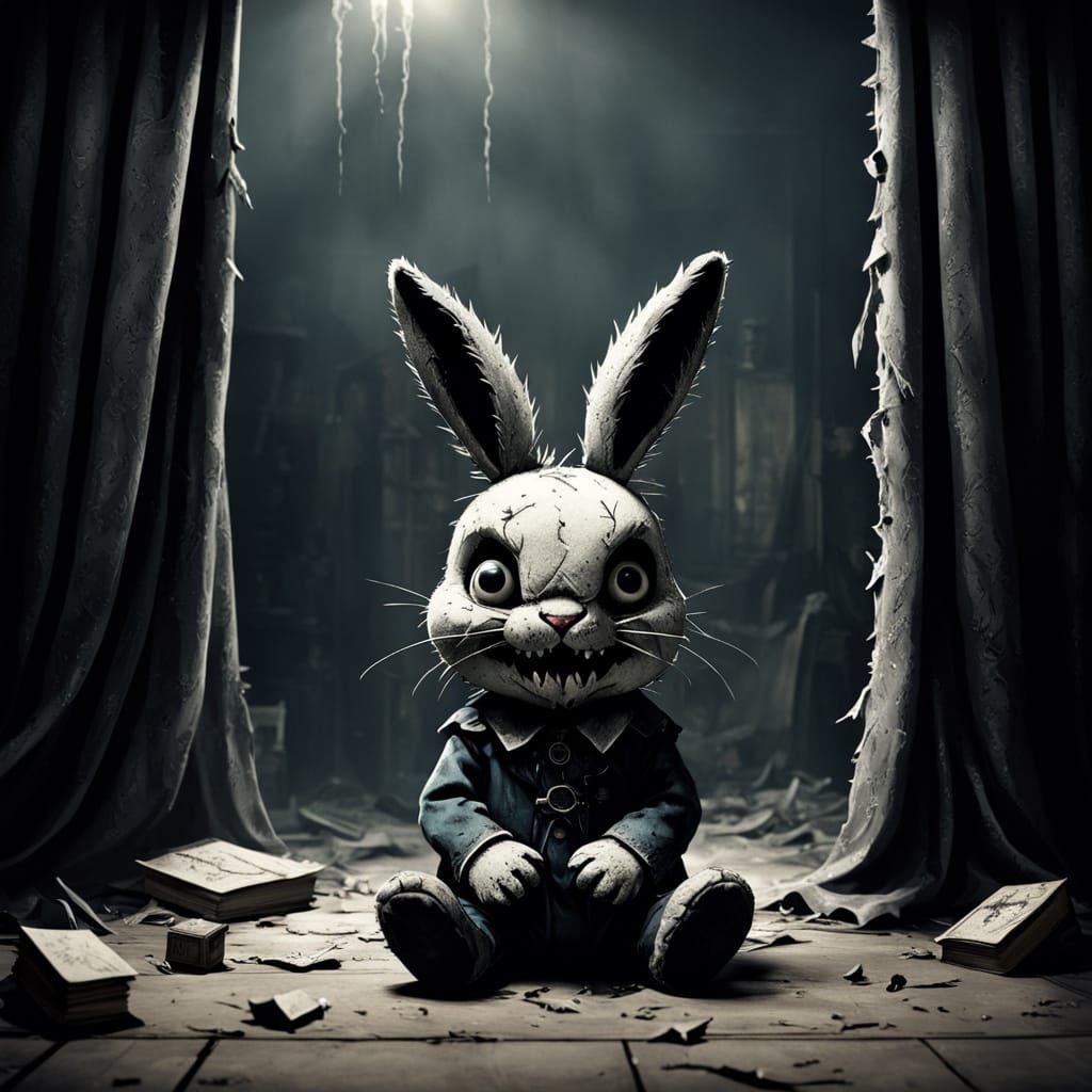 Sinister Stuffed Bunny in Abandoned Room