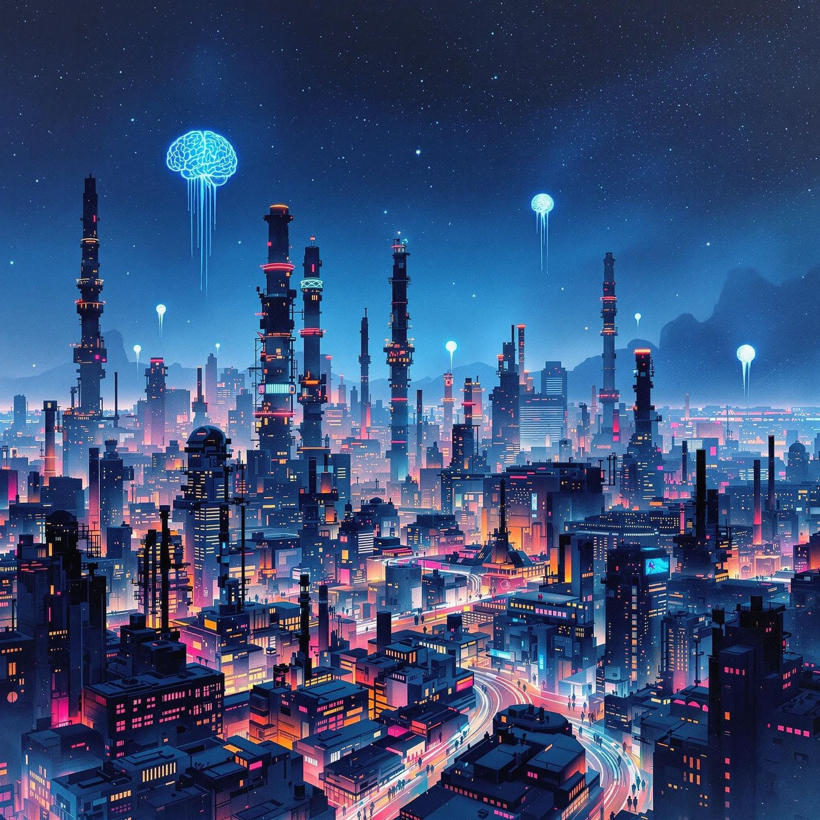 Futuristic Industrial Metropolis Unfolds at Dusk