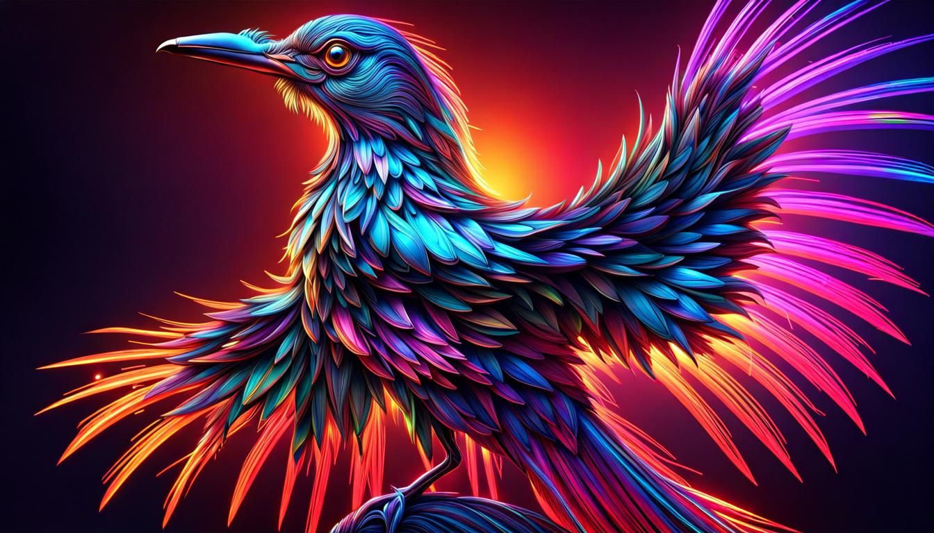 Glowing Neon Bird in Liquid Metal Feathers