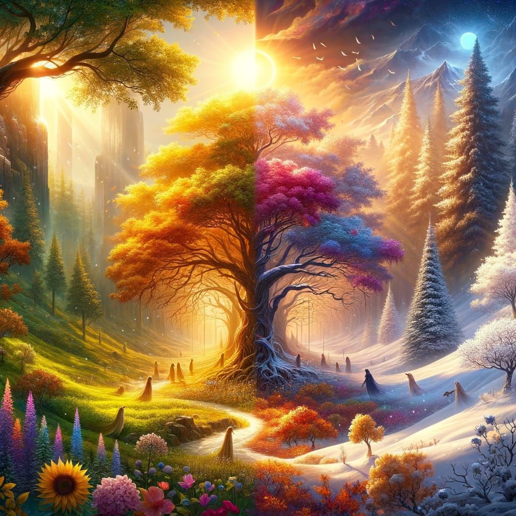 Ethereal Cycle of the Seasons in Vibrant Fantasy Landscape
