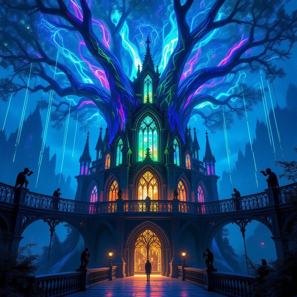Gothic Megastructure Treehouse in Vibrant Neon Hues