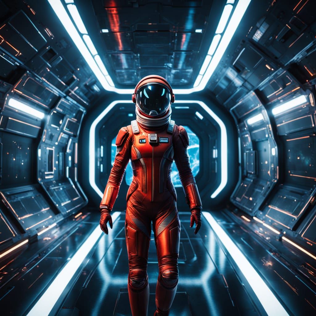 Cosmic Space Suit in Futuristic Space Station