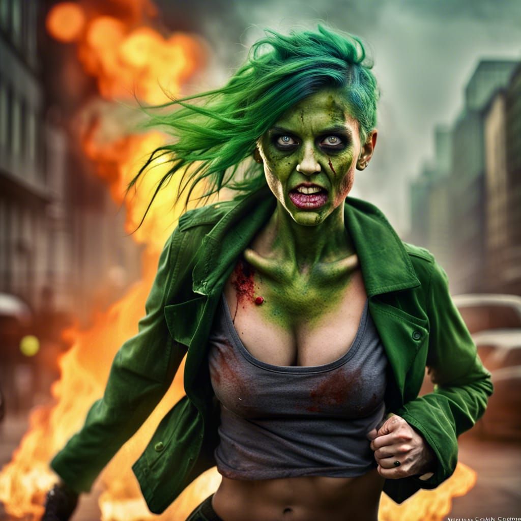Green Haired Zombie Woman Portrait in Burning City