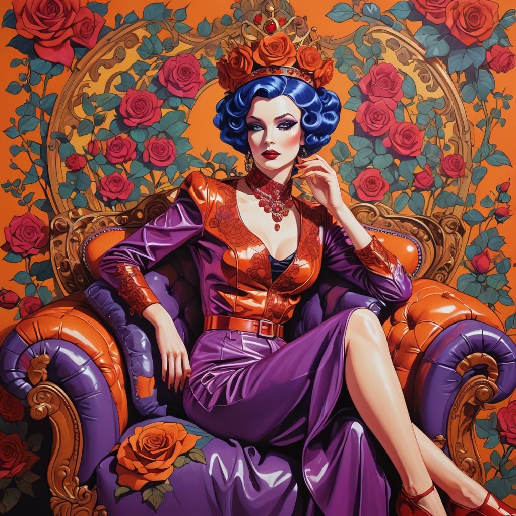 Pop Art Woman with Red Roses and Scrollwork