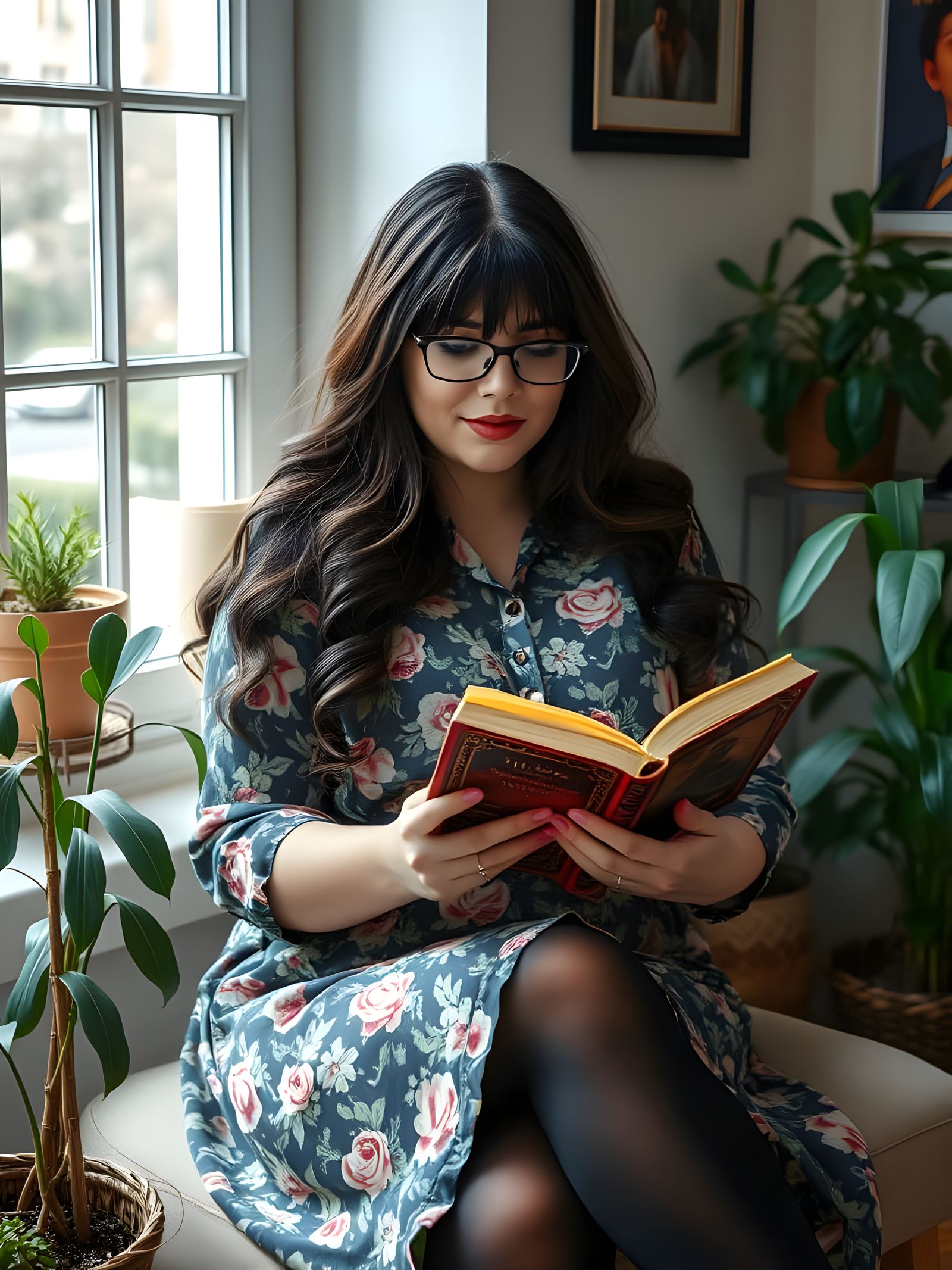 Gothic Woman Reading Book in Cozy Room