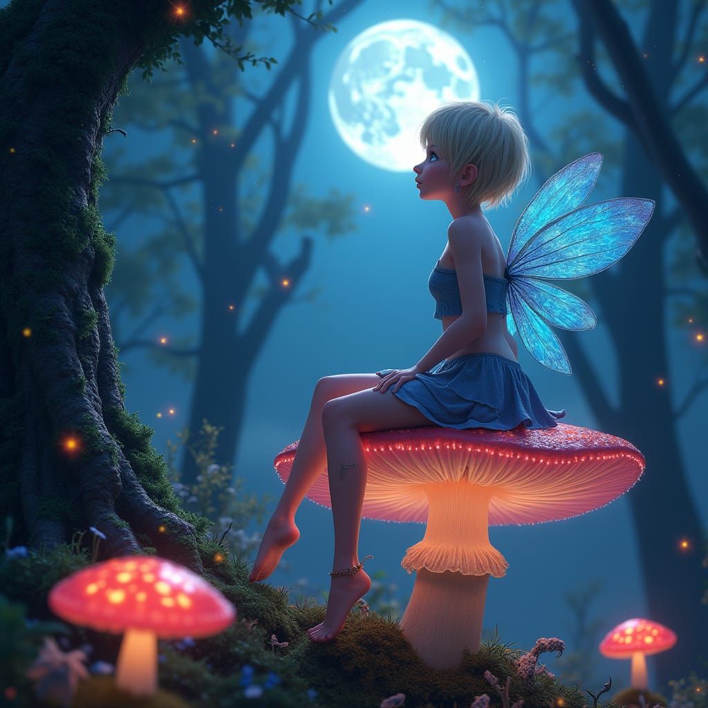 Enchanted Fairy Sits Serenely on Glowing Mushroom in Whimsic...
