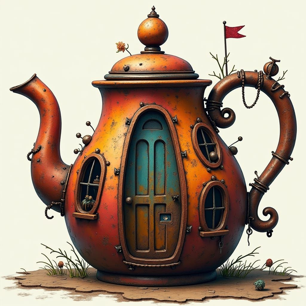 Surreal Steampunk Teapot Teahouse with Rusty Details