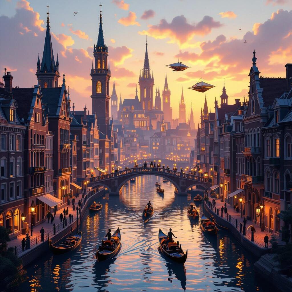 Breathtaking Cityscape at Dawn with Luminous Canals