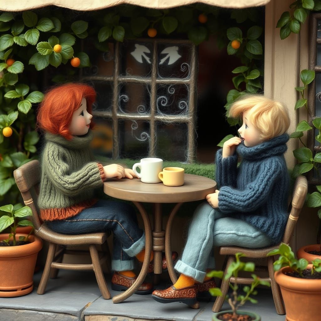 Friends Enjoying Coffee in Cozy Cafe Felt Artwork