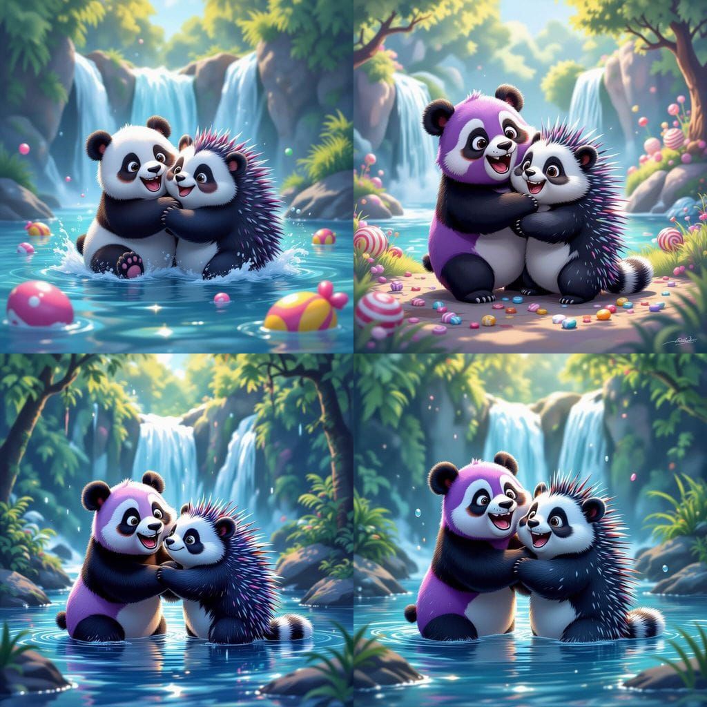 Cute Purple Panda Hugs Happy Porcupine in Wet Singapore