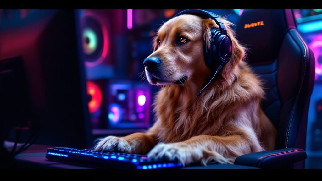 Cyberpunk Dog Gamer on Neon Gaming Throne