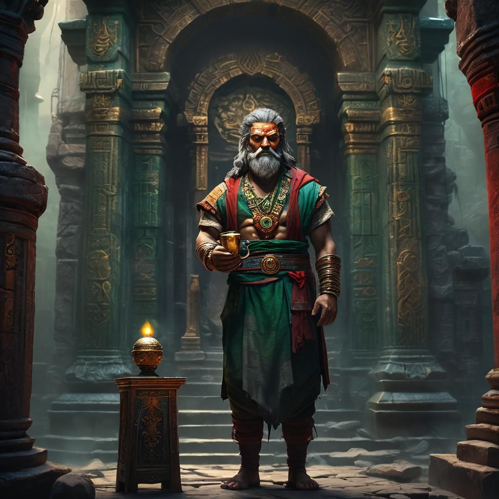 Angry Man Victorious in Mysterious Temple as Oil Painting