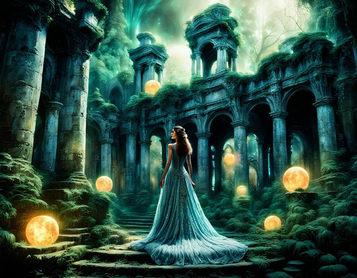Woman in Gown Amidst Dreamlike Ruins