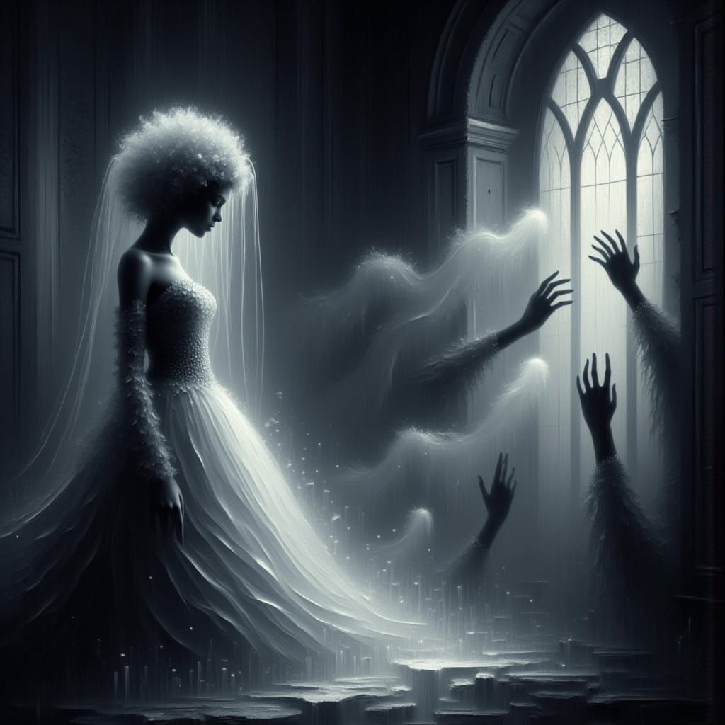Ethereal Ghost Bride in Cemetery Mist