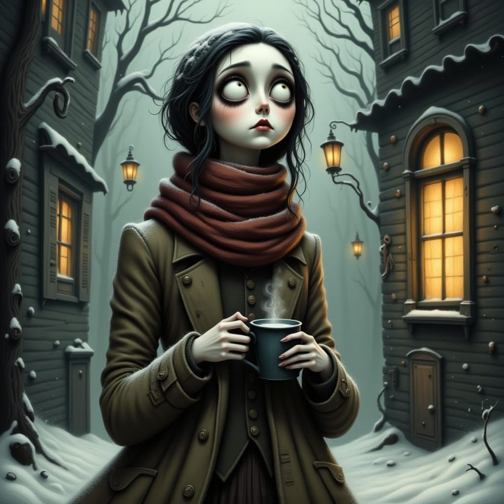 Grateful Character in Snowy Winter Scene