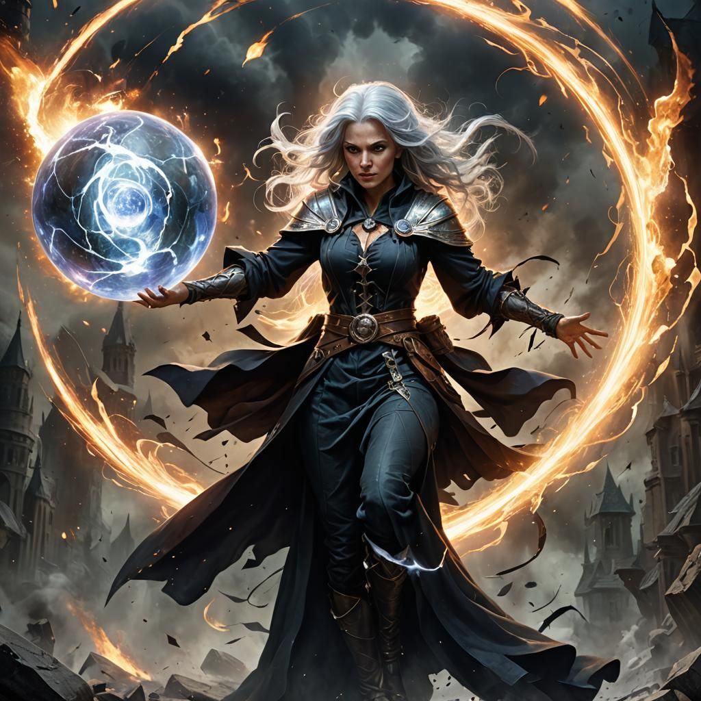 Sorceress Battles Magical Sphere in Dark Fantasy Style