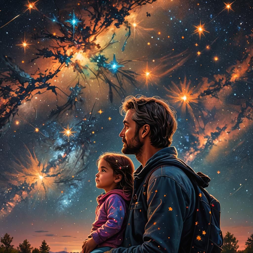 Man Paints Night Sky with Child in Hyperrealistic Style