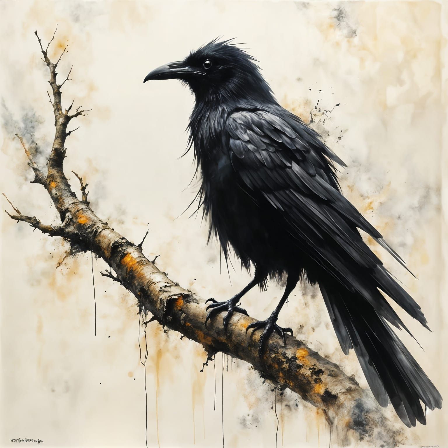 Ink Painting of Raven Perched on Twig