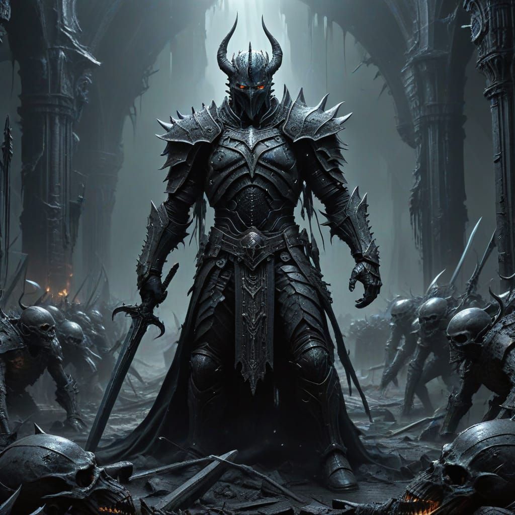 Dark Fantasy Warriors Clash in a Desolate, Gothic Landscape