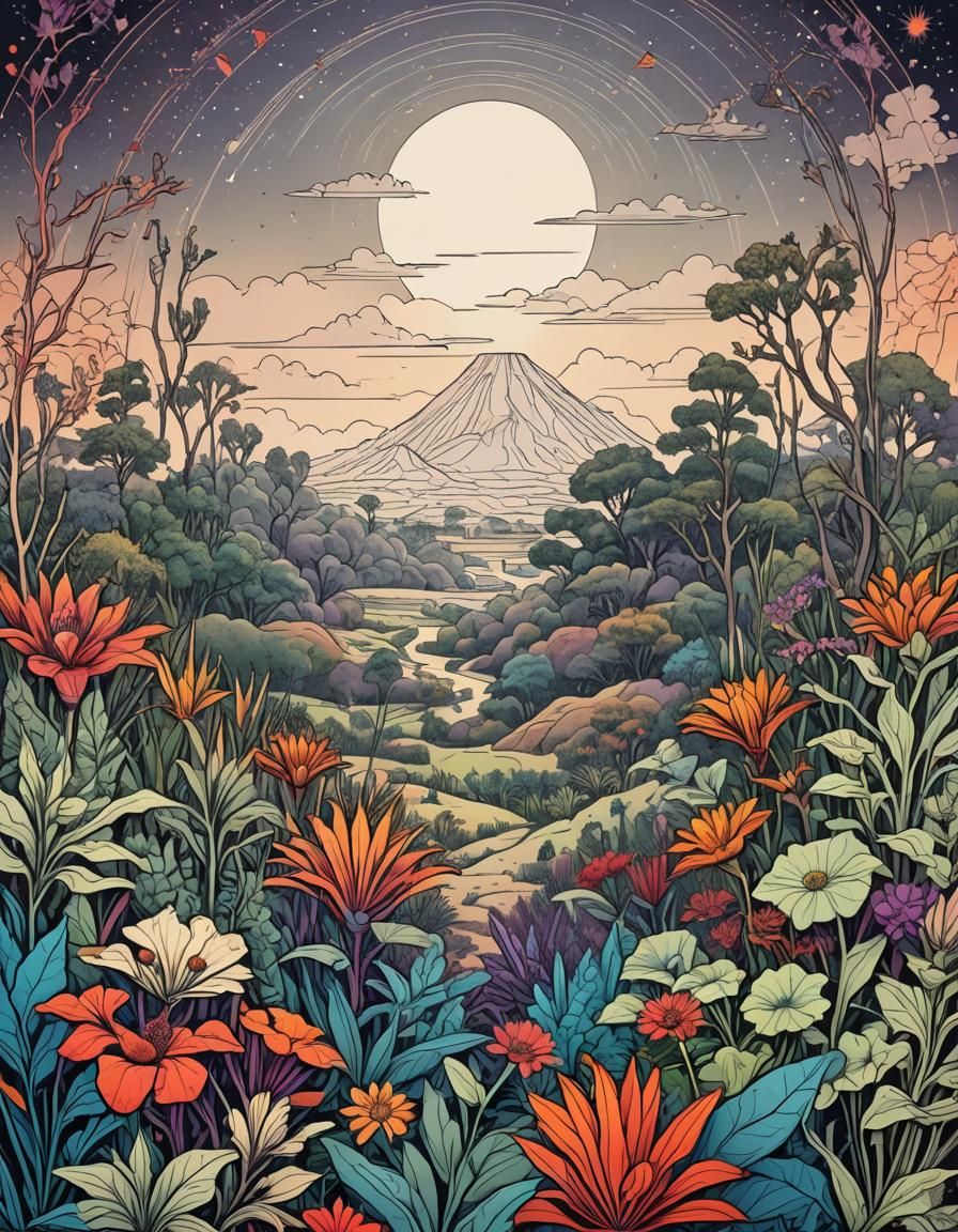 Alien World: Line Drawing of a Phantasmagorical Landscape