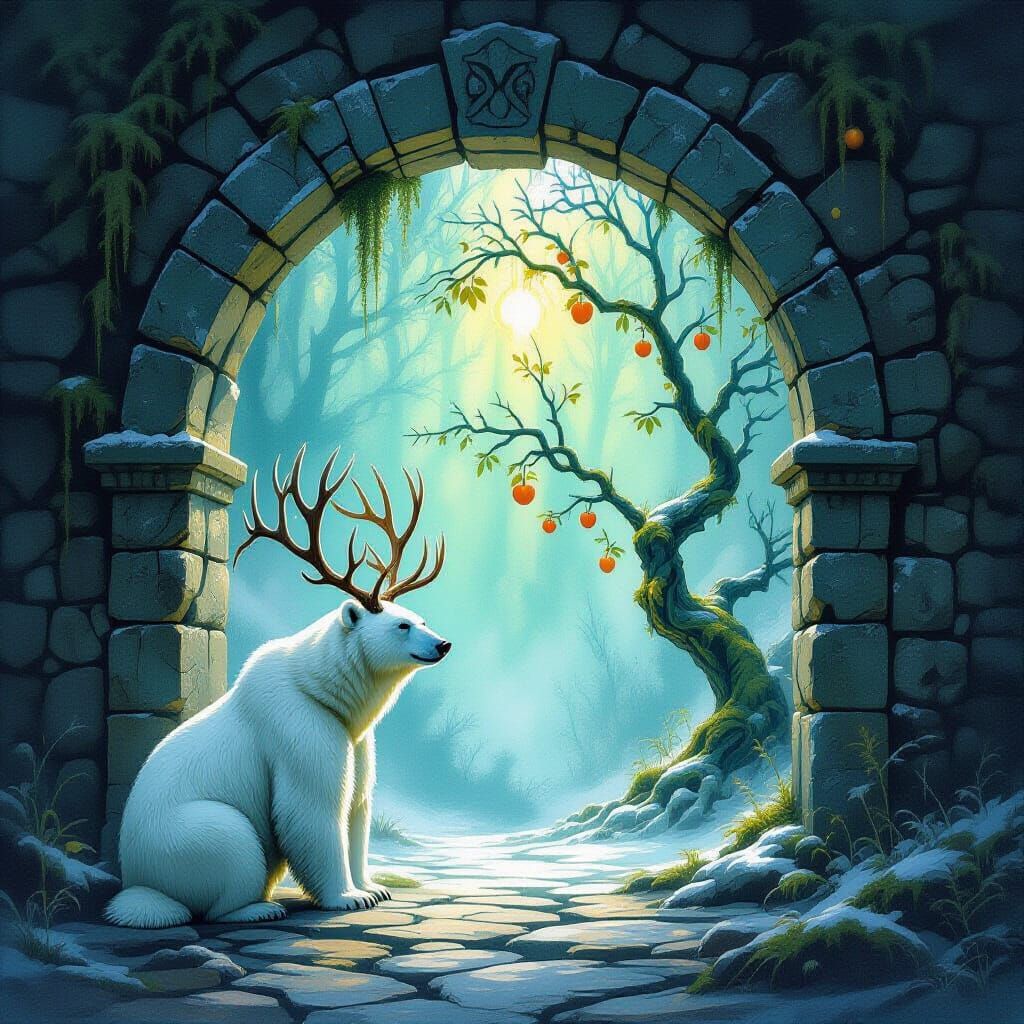 Polar Bear Guarding Mystical Archway in Dark Fantasy Style