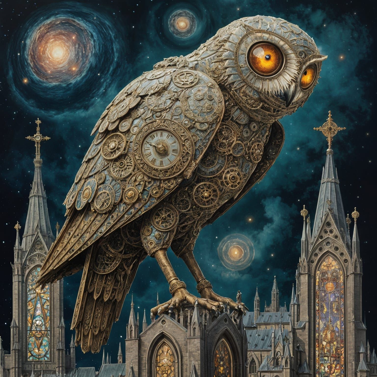 Clockwork Owl Perched Atop Gothic Cathedral in Steampunk Sty...