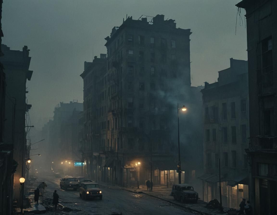 War-Torn Cityscape in Grimy Film Noir Style