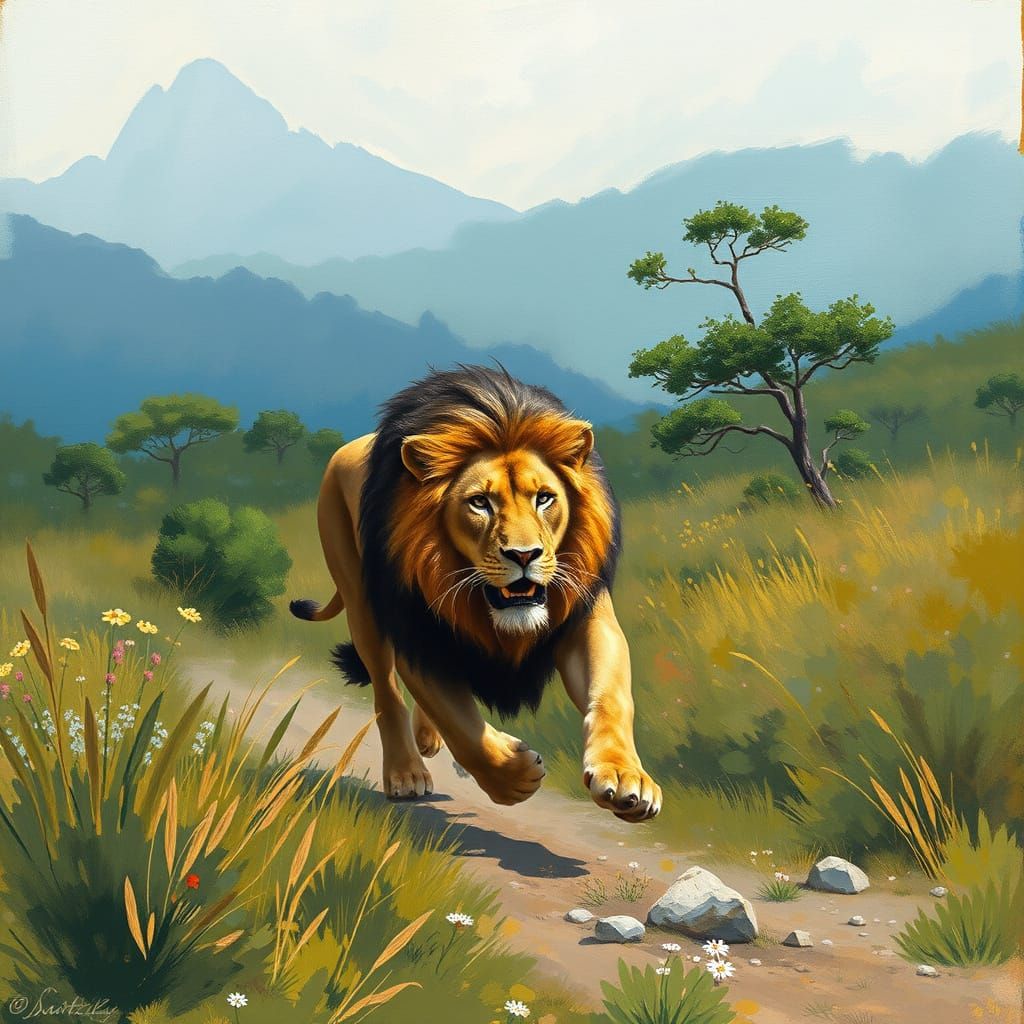 Wild Lion in a Gouache Landscape