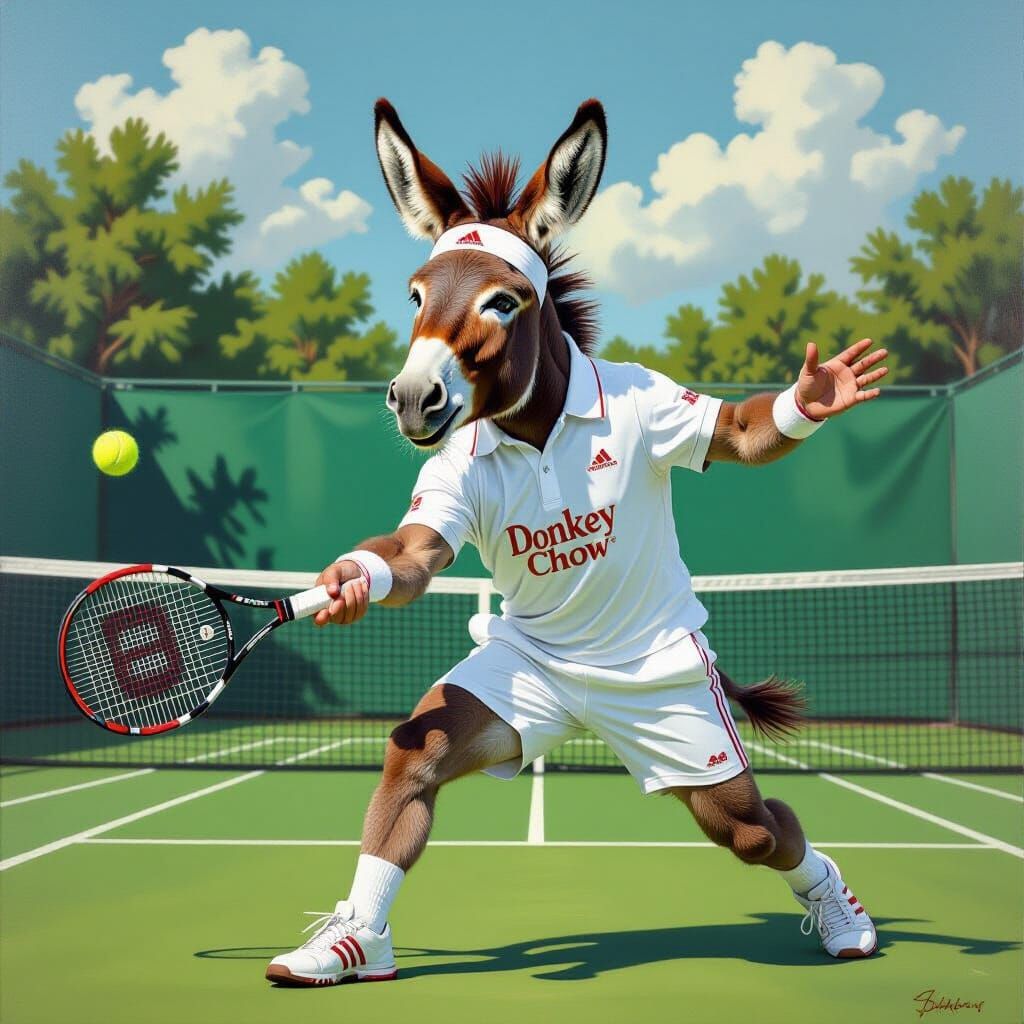 Donkey Plays Tennis: Retro Impressionist Oil Painting