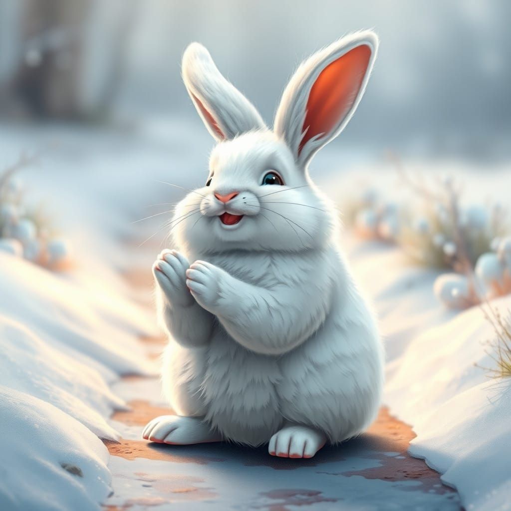 Whimsical White Bunny Sings on a Snowy Path in a Fantastical...