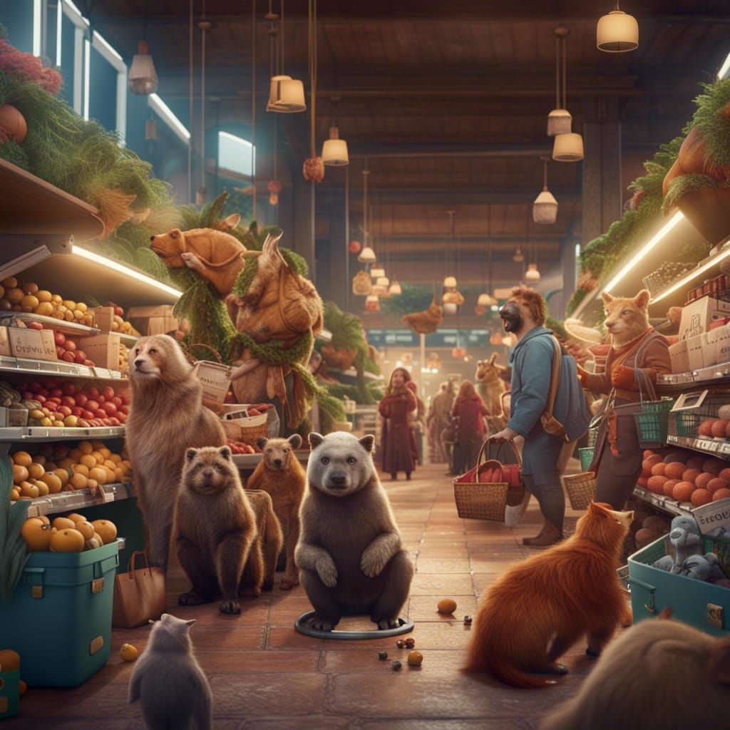 Animals Shopping in a Supermarket, Detailed Matte Painting