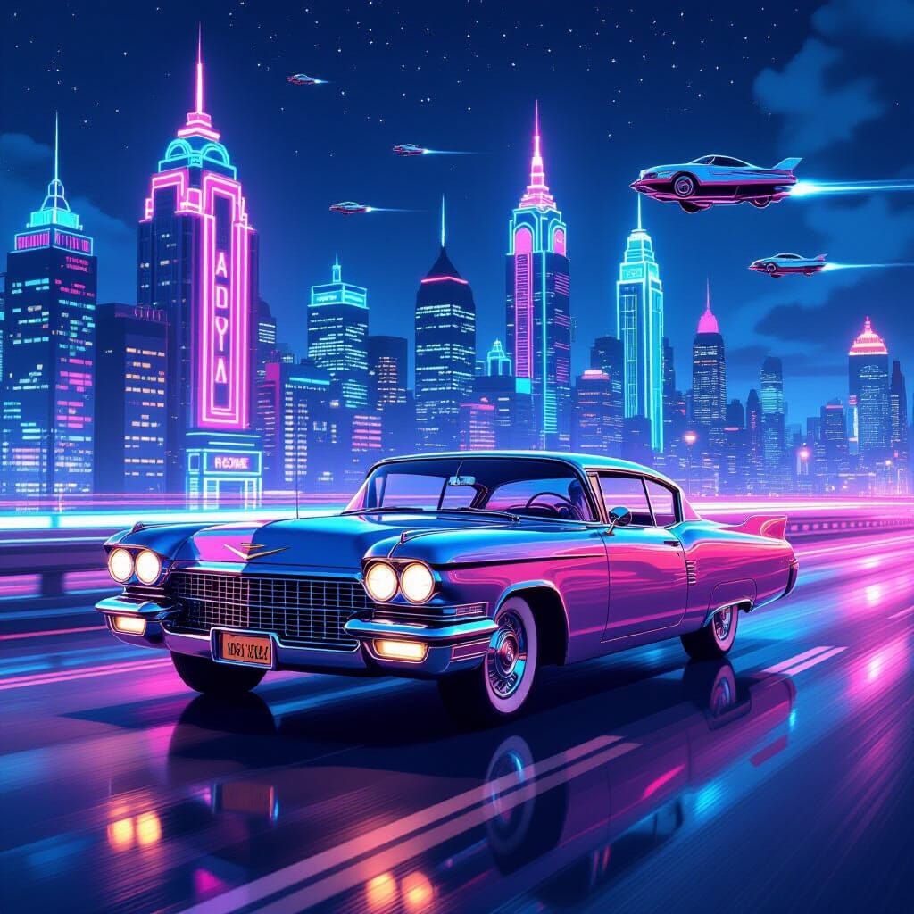 Retro Cadillac Cruises Neon Highway in Cyberpunk Cityscape