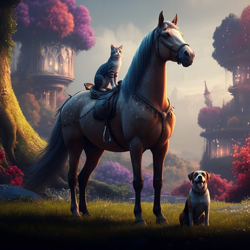 Horse, Cat, and Dog in Mystical Forest Art