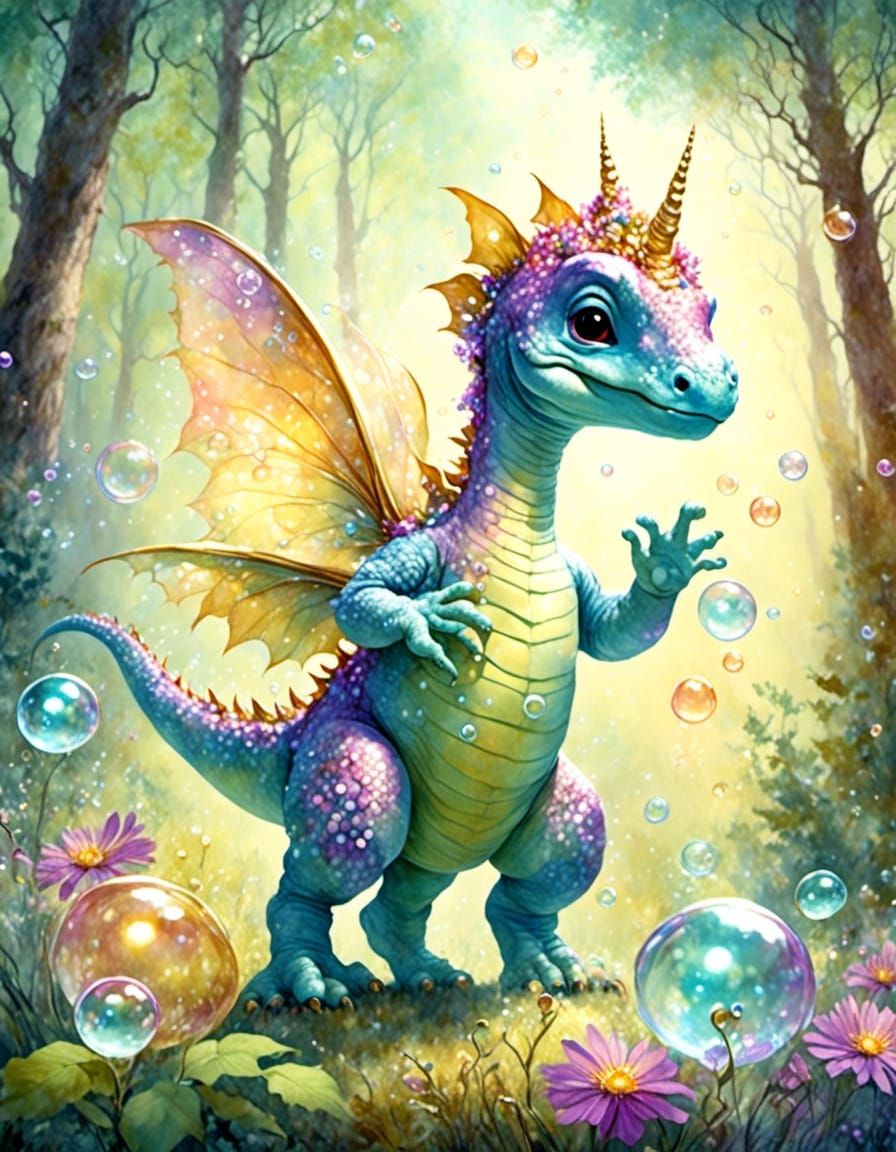 Baby Dinosaur Playing with Bubbles in Forest, Digital Art