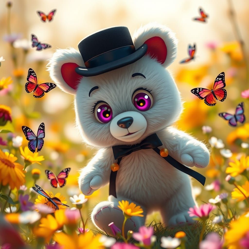 Cartoon Teddy Bear Chasing Butterflies in Wildflower Field