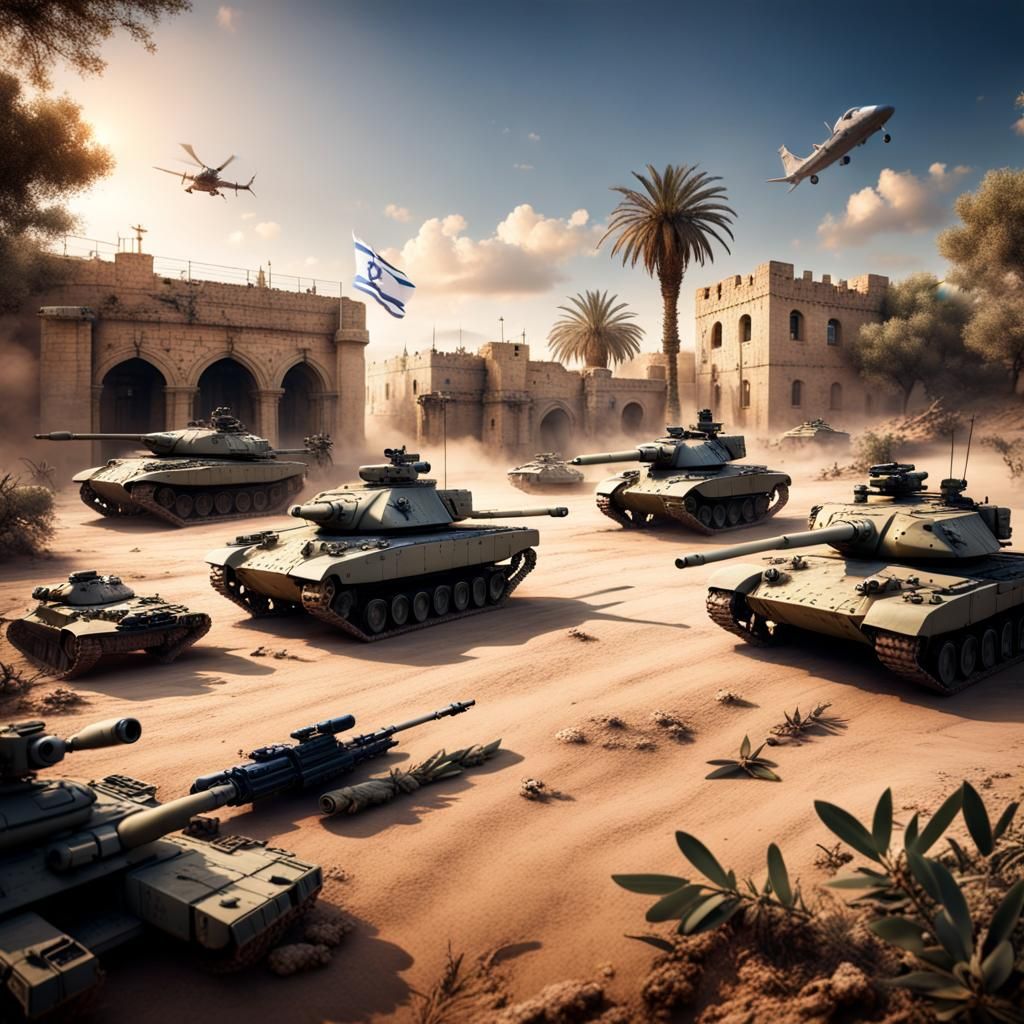 Israeli Flag with War Imagery: Detailed Matte Painting