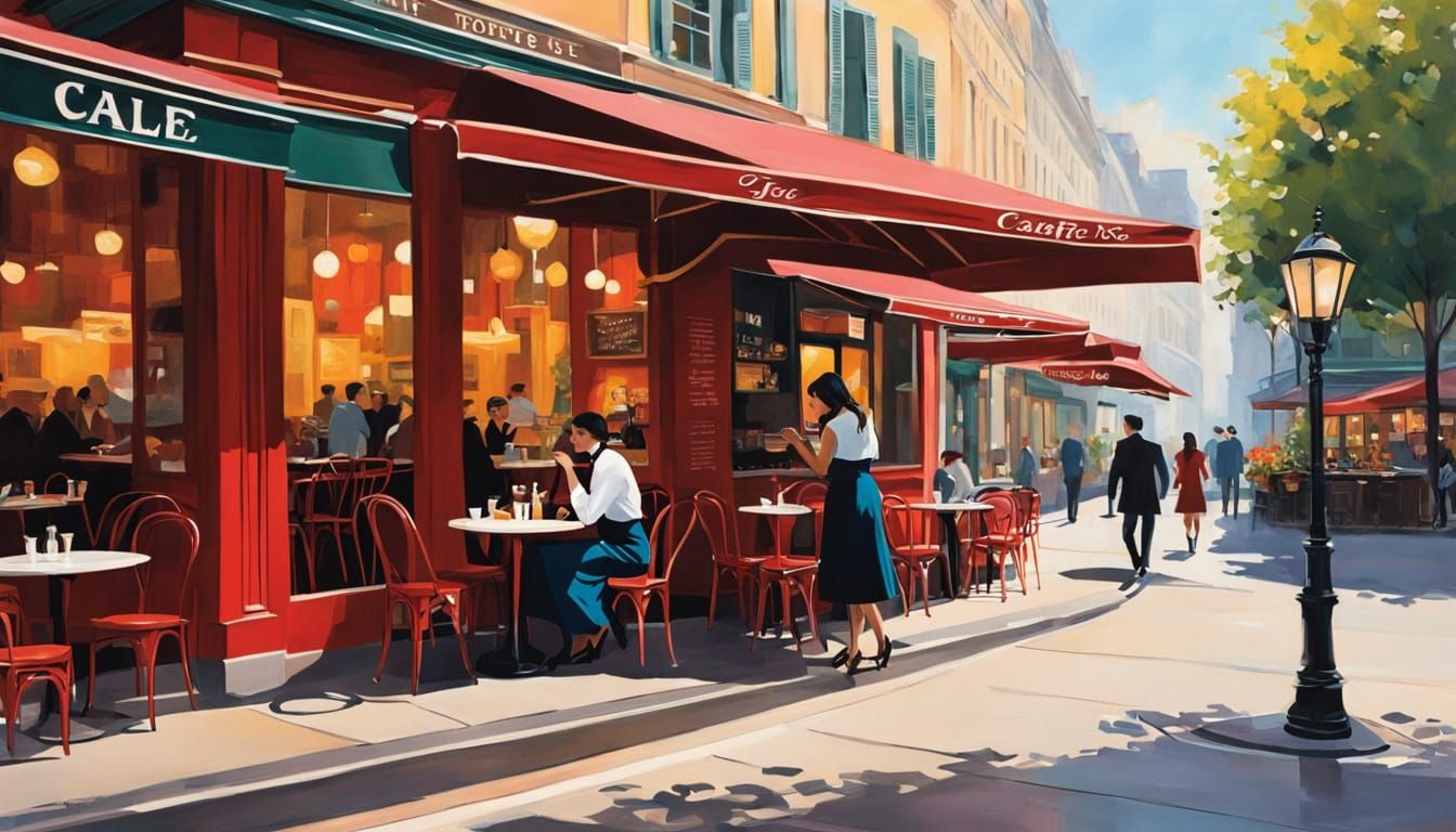 Couple's Intimate Kiss in Front of a Vibrant Café