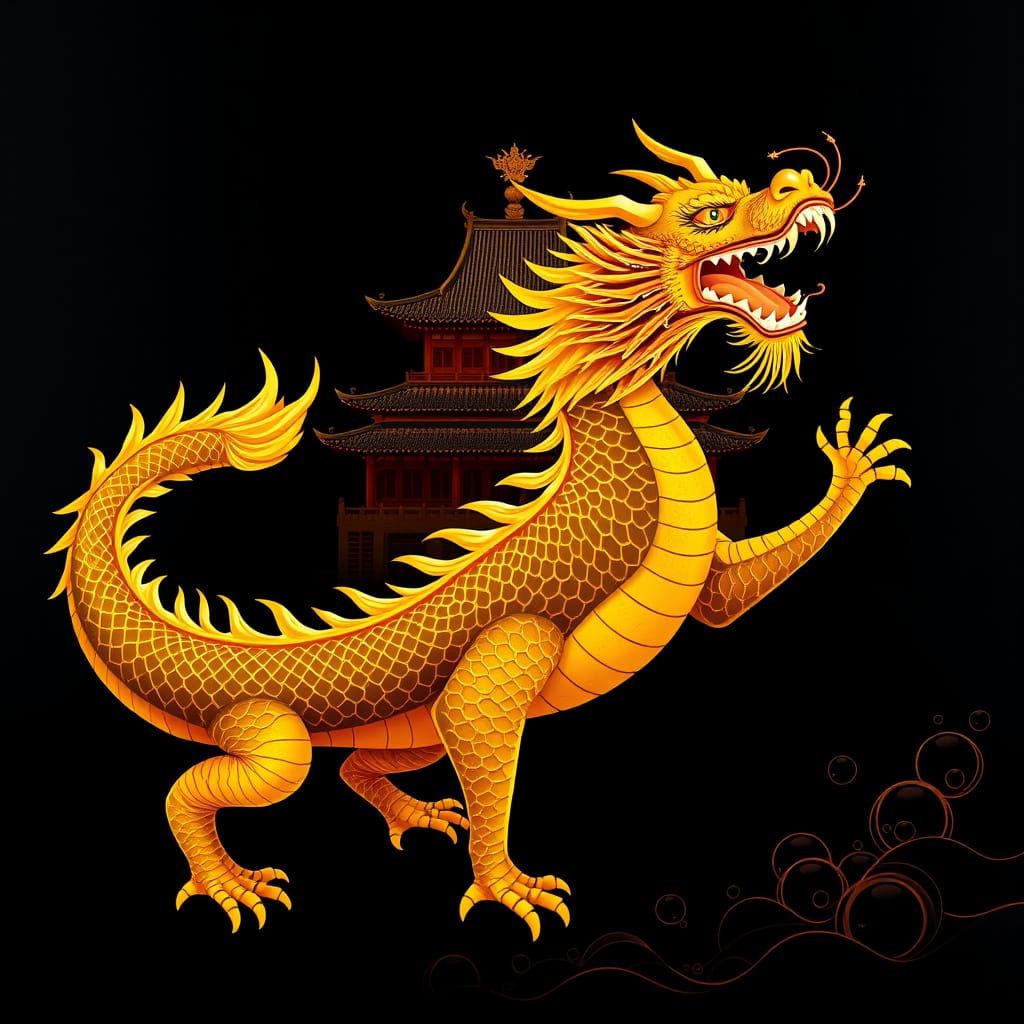 Majestic Golden Dragon in Front of Chinese Palace