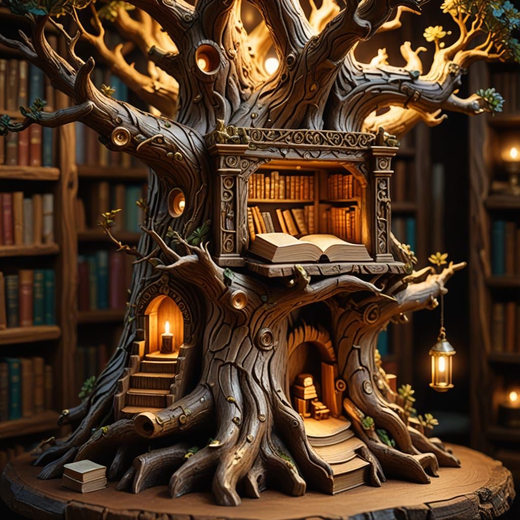 Miniature Library Thrives Inside Ancient Tree Sculpture
