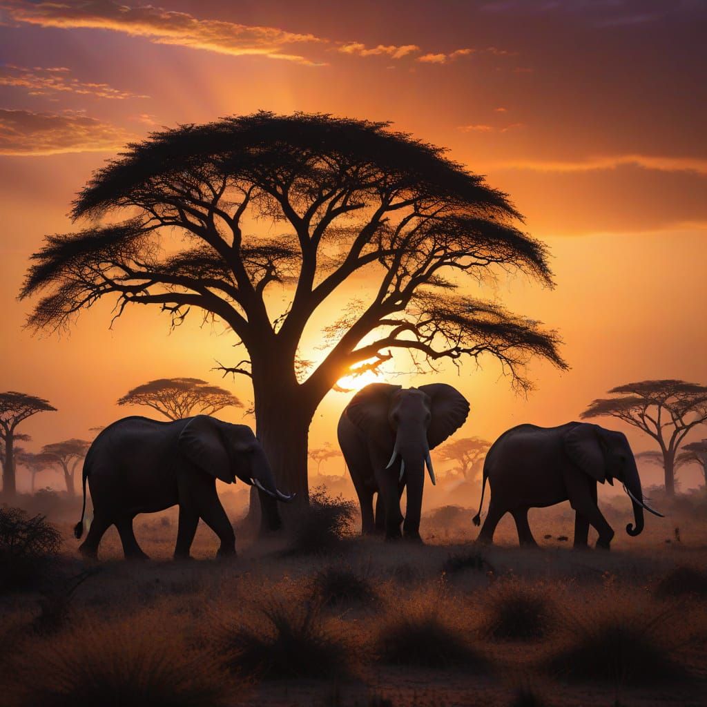 Elephant Family Silhouette at Colorful Sunset