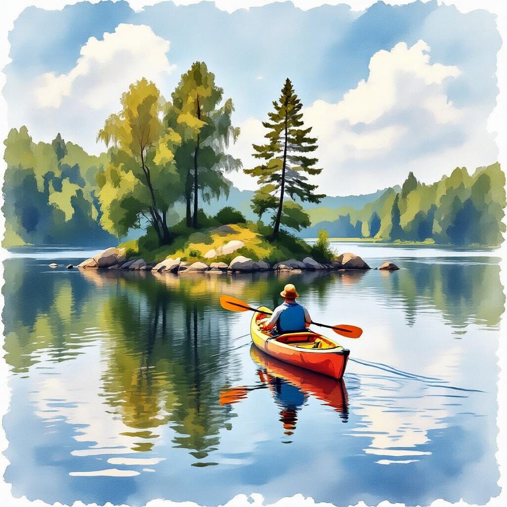 Impressionistic Kayak Scene on Summer Lake