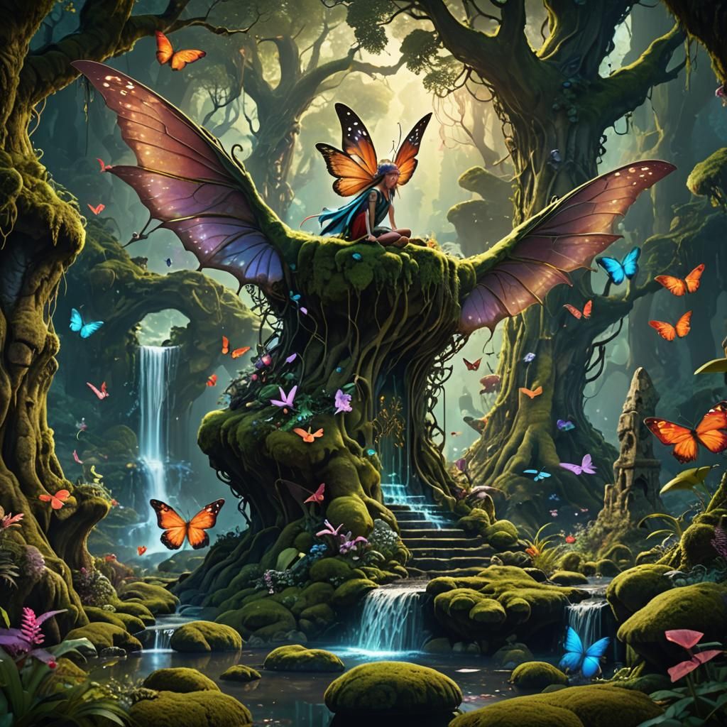 Fantasy Forest with Fairies, Dragons and Butterflies