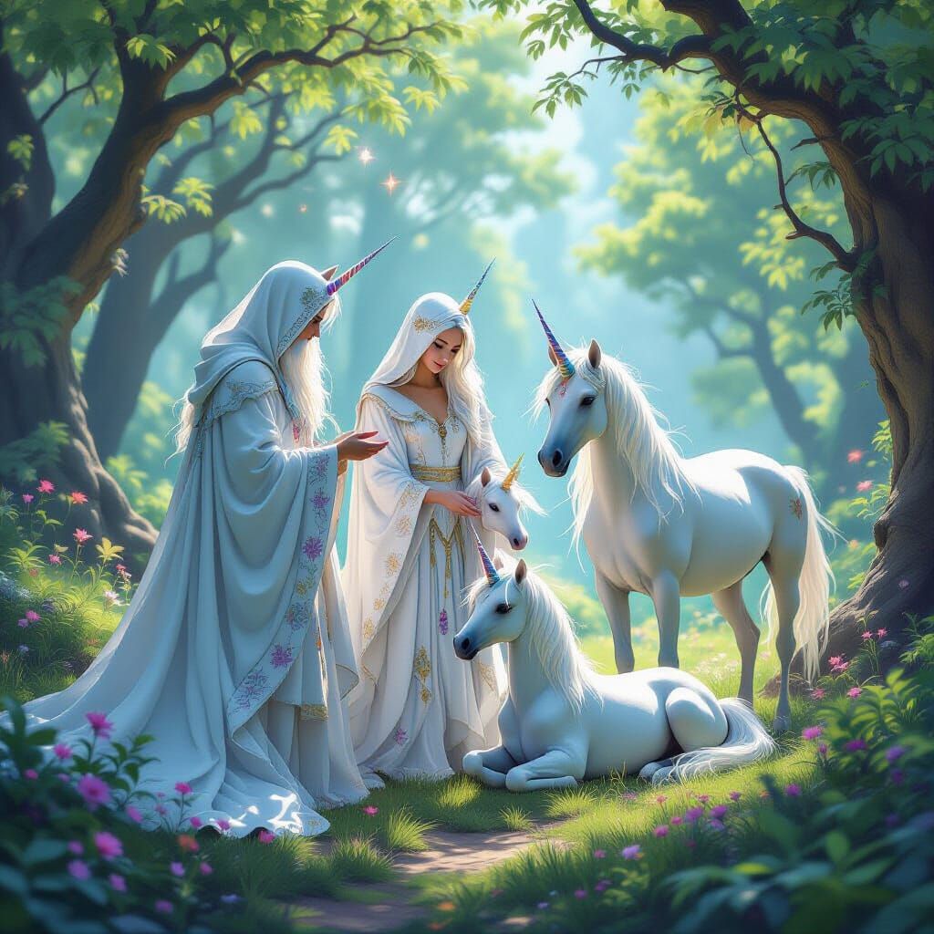 Guardians of Magic Unicorns in Enchanted Forest