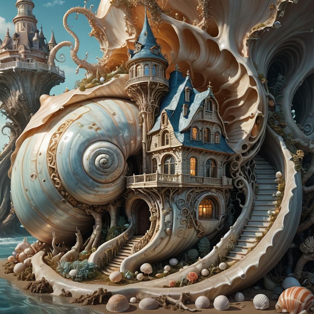 Ornate Nautilus Shell House: Surreal Digital Art