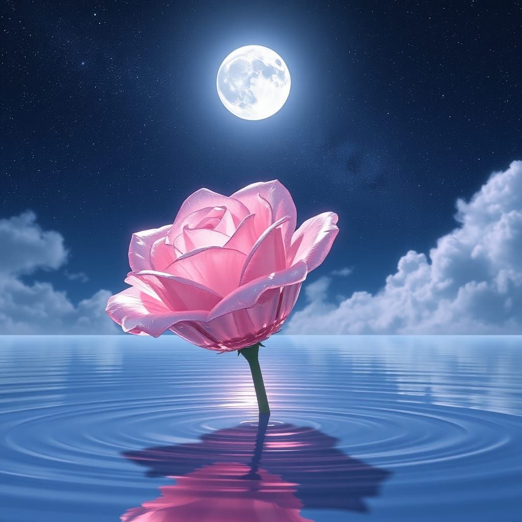 Crystal Rose Floating Under Galaxy Sky: Anime Art