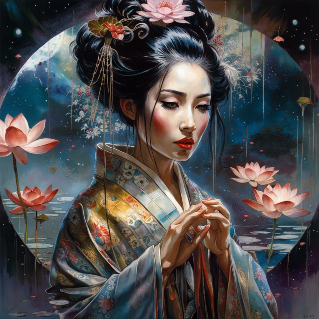 Geisha's Mirrored Reflection in Dark Fantasy Style
