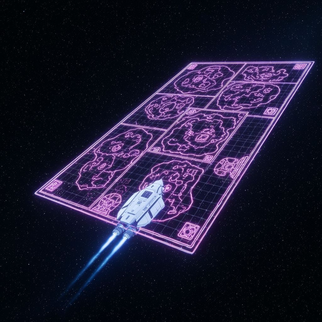 A neon holographic treasure map projected over a small white...