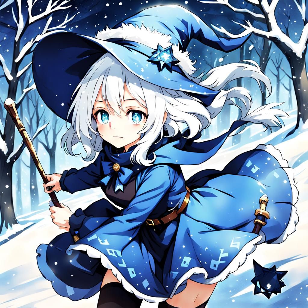 Enchanting Blue Witch Girl in Anime Style